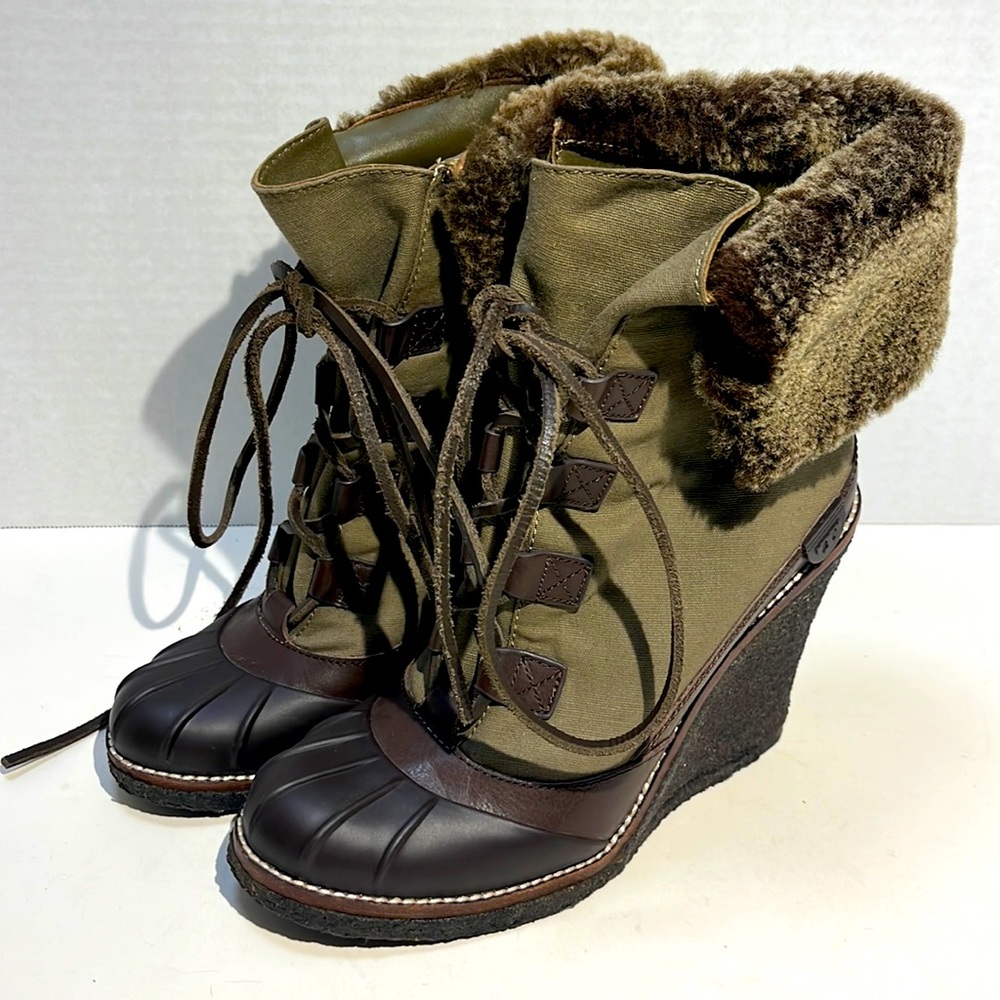 Tory Burch Wedge Brown/Washed Kahki/Charcoal Boots Sz 8